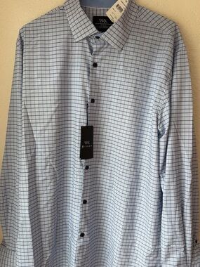 NWT Men's Light Blue Windowpane Dress Shirt, 17.5 size, WRK brand